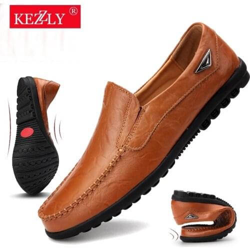 Genuine Leather Men Casual Shoes KEZZLY Brand 2021 Mens Loafers Moccasins Breathable Slip on Black Driving Shoes Plus Size 37-47