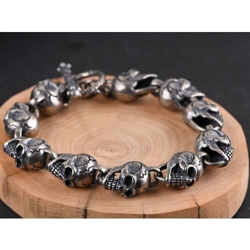 925 solid Sterling Silver Mens Gothic skull link handmade high details Bangle Bracelet 22cm/24cm A5049