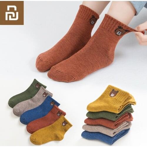 Xiaomi 5 Pairs Children Winter Thick Warm Socks Baby Boys Girls Cotton Sports Socks Cartoon Bear Striped Plaid Socks Anti-skid