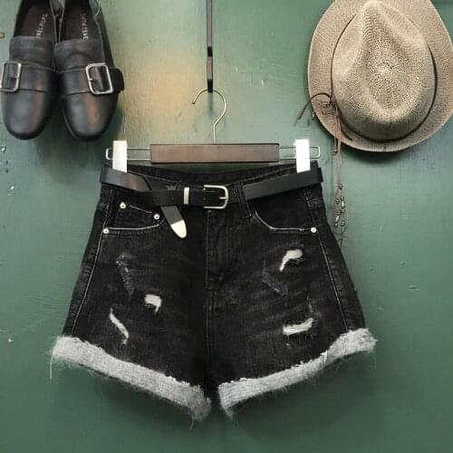 New Winter Women Korean High Waist Loose Fit Shorts Hole Ripped Jeans Rabbit Fur Spliced Streetwear Trousers Female Casual Denim