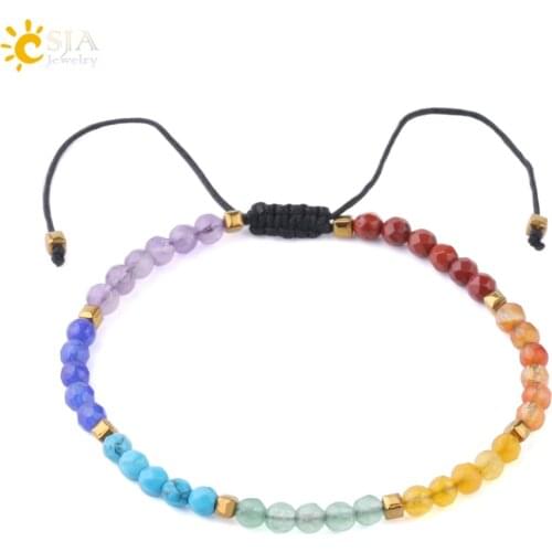 CSJA Simple Small Beads Bracelets 4mm Natural Stone Chakra Handcrafted Beaded Braided Bracelet Women Girls Pulseras Jewelry F700