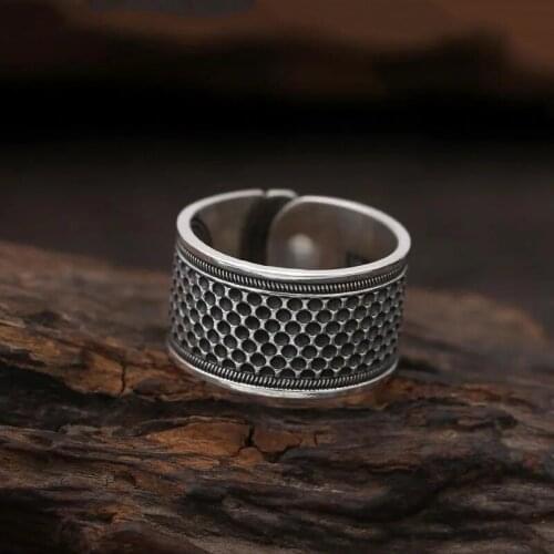 Original design Thai silver honeycomb-shaped craft open ring unique charm elegant bohemian womens brand jewelry