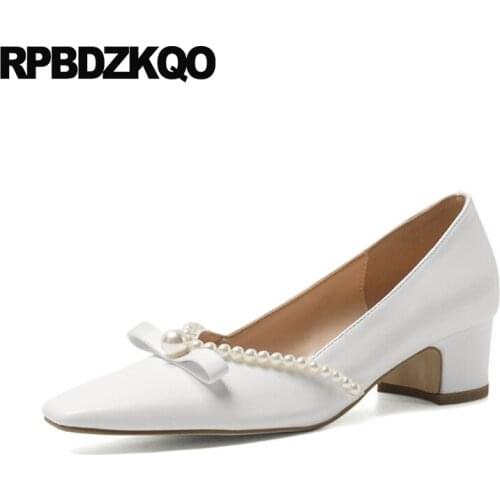Slip On Bow Girls Pumps High Heels Block Beaded Wedding Shoes Pearl Medium Women Square Toe Suede 2021 Prom White Sweet Kawaii