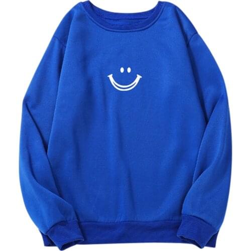 Harajuku Sweatshirts Womens New Solid Color New Cute Sweatshirt Smile Long Sleeve O-neck Pullover Kawaii Blue Top Sudaderas