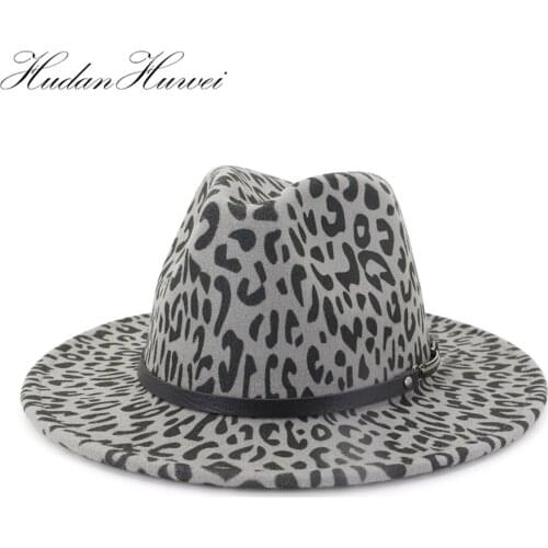 Womens Men Classic Wide Brim Floppy Panama Hat Belt Buckle Leopard Print Artificial Wool Felt Fedora Hat Trilby Jazz Cap 60 CM