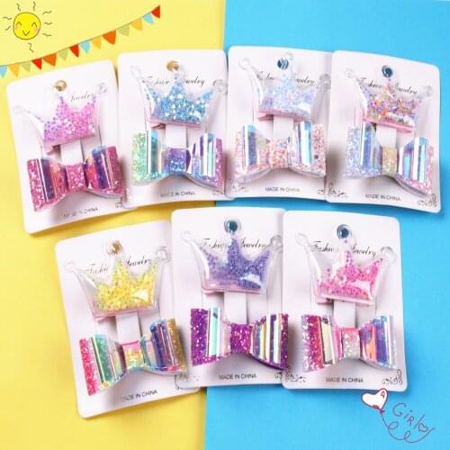 XIMA 2pcs/set Cute Little Girls Hair Bows Clips PVC Layer Glitter Kids Star Hairpins Princess Headdress Hair Accessories Set
