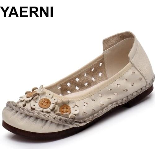 YAERNI Summer handmade flower womens shoes genuine leather sandals female moccasins loafers soft outsole casual shoes flats