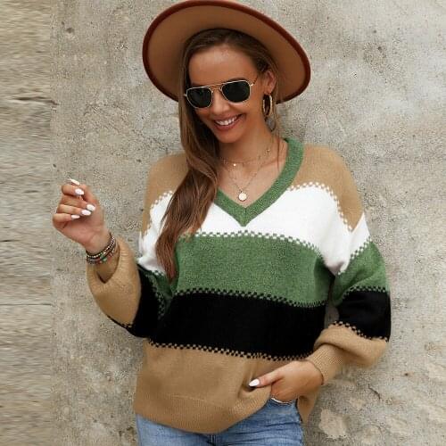 2021 New Harajuku Women Streetwear Knitted Striped Ladies Sweater Elegant Jumper Long Sleeve V-neck Pullover Top Autumn Sweaters