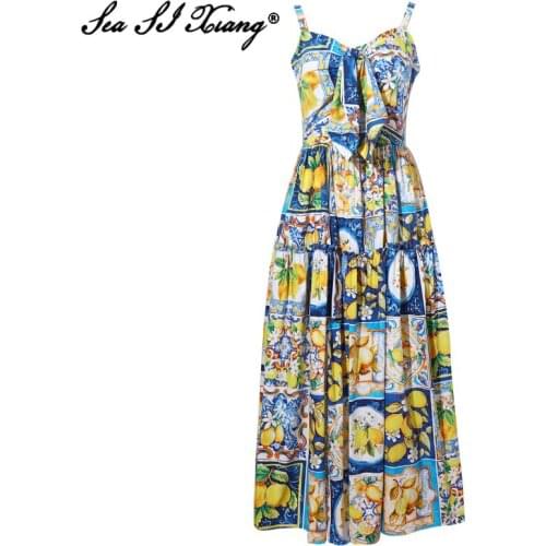 Seasixiang Fashion Designer Summer Cotton Long Dress Women V-Neck Sleeveless Bow Floral Print Bohemian Dresses