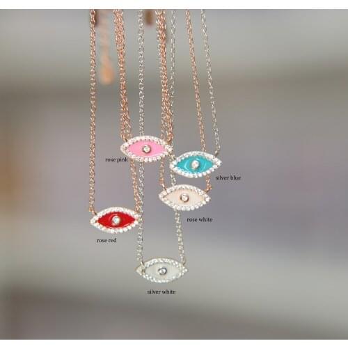 Dainty delicate top quality enamel charm Necklace fow women evil eye cz paved pendant necklace real 925 sterling silver 5colors