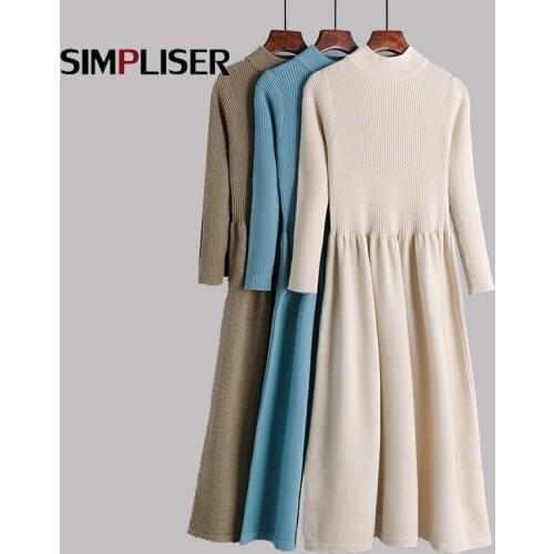 Autumn Winter Women Knitted Dress Bottoming Sweater Dresses High Waisted Female Long Maxi Sweater Dress A-Line Thick Party dress