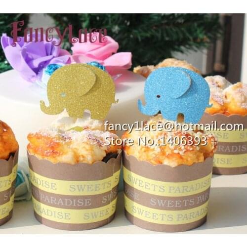 10pcs Glitter Gold blue baby Elephant Cupcake Toppers its a boy Baby Shower baptism christening Food picks Africa party decor