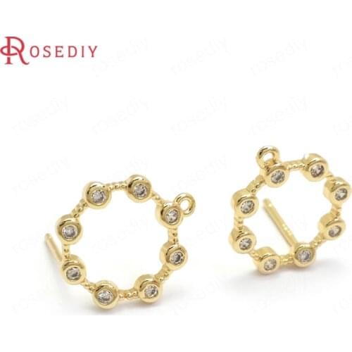 37210)6PCS 14x12.5MM 24K Gold Color Brass and Zircon Round Circle Stud Earrings Pins Jewelry Making Supplies Diy Accessories