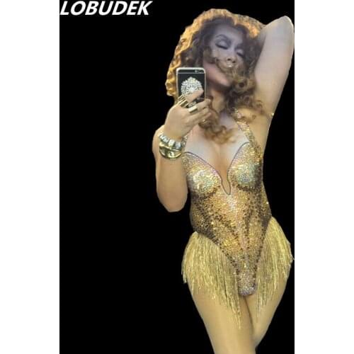 Sparkly Gold Diamond Leotard Bodysuit Zentai Sexy Skinny Elastic jumpsuit Nightclub Personality Dancer Pole Dancing Costumes