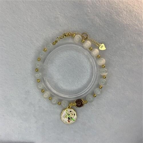 Cute Fashion 8mm Natural Stone Chain White Cat Eye Stone Pendant Bracelet Round Beads Jewelry Gifts for Women 7.5inch Y918