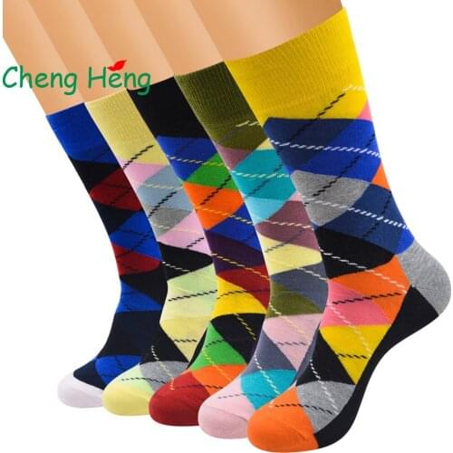 Cheng Heng 12 pairs/bag New Hot Summer European style Men Socks Personality Square Pattern Cotton Socks Mens 5 colors