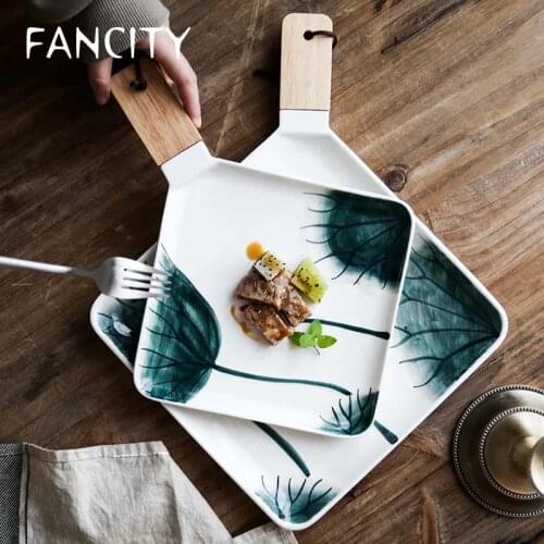 FANCITY Nordic Ceramic Lotus Western Steak Plate with Handle Modern Hotel Restaurant Square Bread Fruit Dessert Plate Kitchen Ta