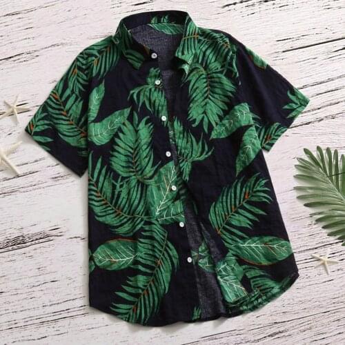 Hawaiian Men Shirt Leaves Print Shirt Men Streetwear Summer Stand Collar 2021 Casual Fashion Shirts Beach Short Sleeve Tops