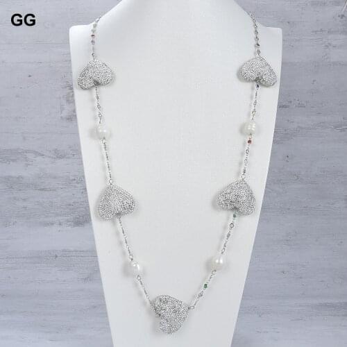 GuaiGuai Jewelry Silver Color Crystal Pave Heart Shaped White Pearl Station Chain Long Necklace