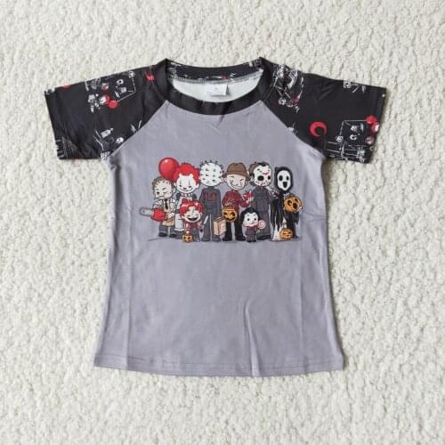 Halloween wholesale cartoon character print boy short sleeve raglan sleeve black blouse western style design