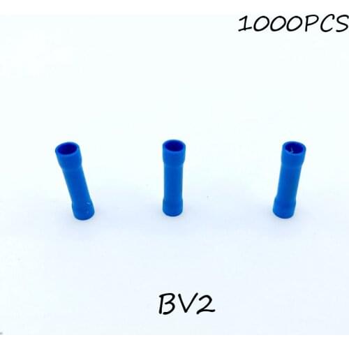 Insulated Butt Wire Connector 1000pcs BV2 Electrical Crimp Terminals Block Premium Solderless Brass Blue AWG 16-14 Cap