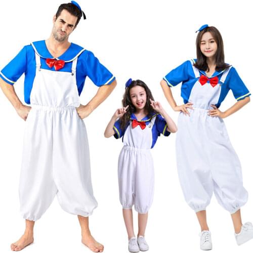 Blue Sailor Cosplay Suits Cute Cartoon Ducks Costume Parent-Child Outfit Adult Women Man Halloween Short Sleeve Famliy Set