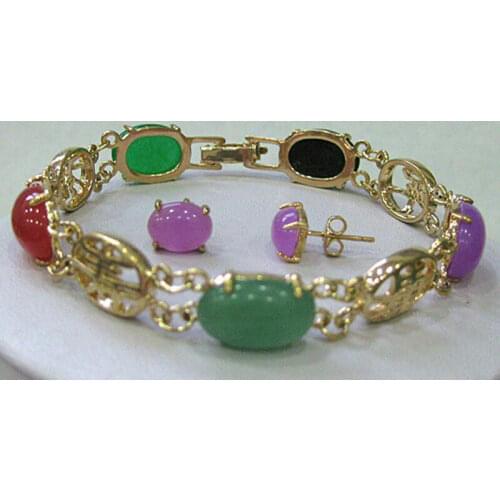 Women Multicolor Jade Jewelry bangle bracelet earrings set 7.5"
