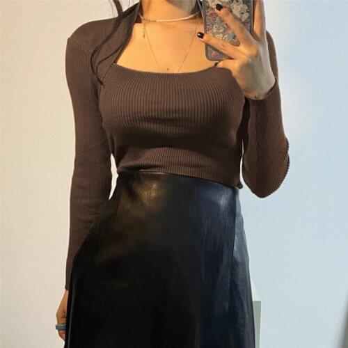 Brown Vintage Square Collar Knit Y2k Crop Top Femme Long Sleeve T-Shirt Fashion Women 2021Harajuku Black White Basic Tee Shirt