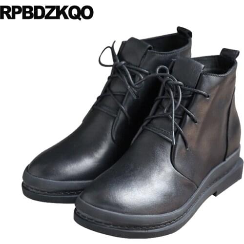 Round Toe Combat Black Shoes Brand Women Winter Boots Genuine Leather Ankle Flat Military Booties Luxury Female Autumn Lace Up