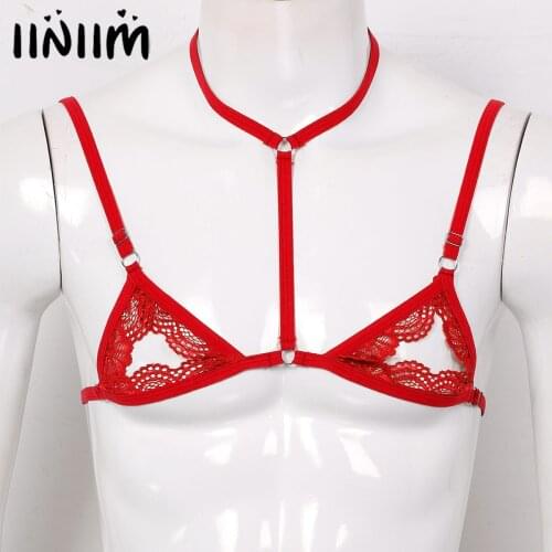 Mens Erotic Sissy Tanks Sheer Lace Lingerie Nightwear Halter Neck Spaghetti Straps Wire-free Unlined Mini Lace Bra Hole Tops