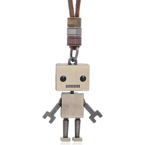 Fashion Vintage Movable Robot Pendant Necklace Casual Brown Genuine Leather Charm Adjustable Long Chain Unisex Rock Punk Jewelry