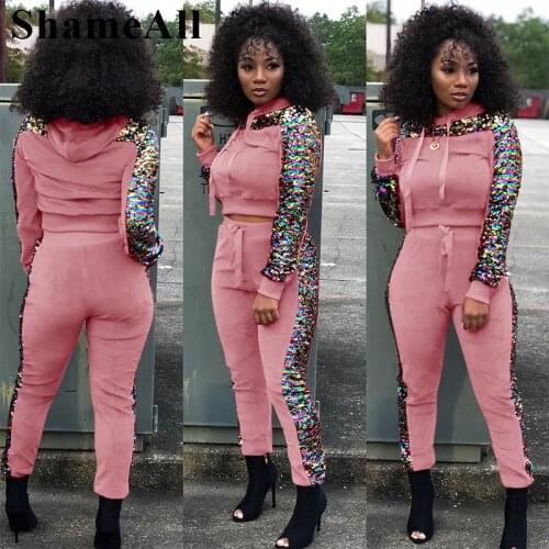 Plus Size Sequins Patchwork 2 Two Pieces Velour Tracksuits 4XL Hooded Velvet Sweatshirt Side Stripe Jogger Pants Jogger Outfits