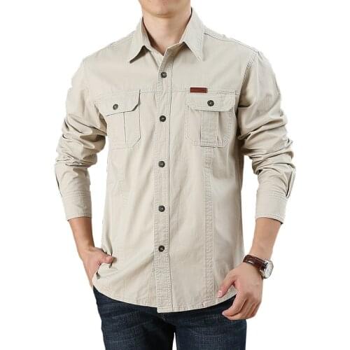 2021 Men Cargo Work Shirts New Khaki Cotton Military Shirt Men Long Sleeve Casual Dress Ami Kaji American Retro Social Shirt 6XL