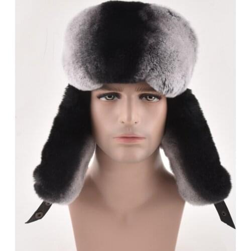 Russian Fur cap Warm autumn winter cap with natural Real rex rabbit fur and leather luxury men bomber hat