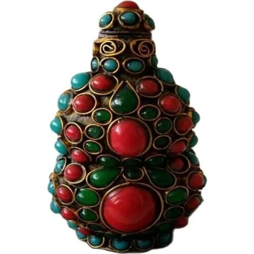 Tibet And Nepal Folk Cloisonne Inlaid With Turquoise Snuff Bottle