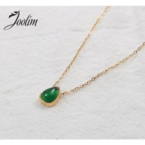 Joolim Jewelry PVD Gold Finish Handmade Green Agate Drop Pendant Necklace Stylish Stainless Steel Necklace