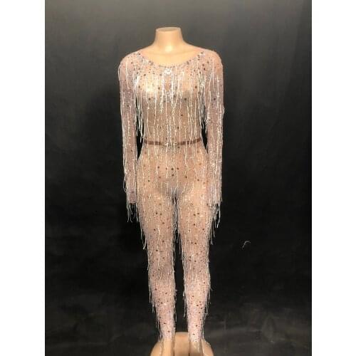 Womens Dance Wear Sexy Glisten Silver Rhinestones Jumpsuit White Tassel Perspective Outfit Birthday Celebrate Evening Costume