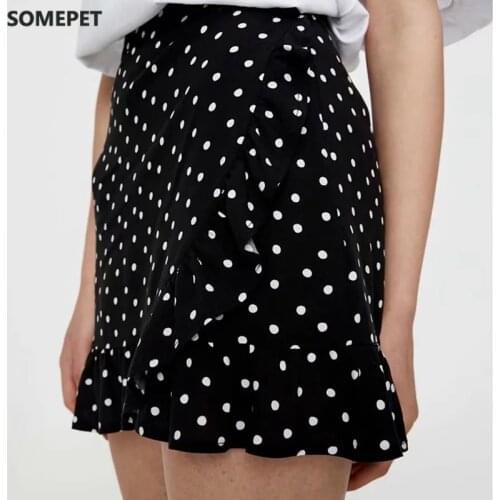 Women 2021 ZA Chic Black Polka Dot Print Mini Short Female Spring Casual Ruffles HIgh Waist Shorts With Bow Belt Femme