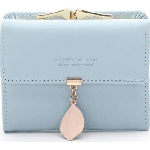 Womens Fashion Leaf Tri-Fold Coin Purse Womens Buckle Solid Color Leather Short Wallet Card Holder Clutch Billeteras Mujer
