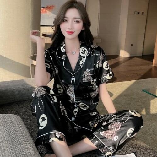 2021 New Summer Women Silk Pajama Sets Satin Pyjama Sleepwear Short Sleeve Large Size Fashion Pajamas for Girl Nightwear PJS