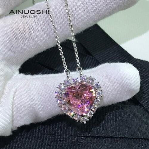 AINUOSHI 12x12mm Heart-shaped Lad Created Pink Sapphire Classic Pendant Necklace For Women 925 Silver Jewelry Party Gifts
