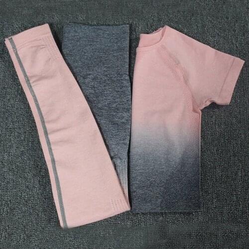 2PCS Ombre Energy Seamless Women Sport Suit Gym Workout Clothes Short Sleeve Fitness Crop Top And Scrunch Butt Leggings Yoga Set