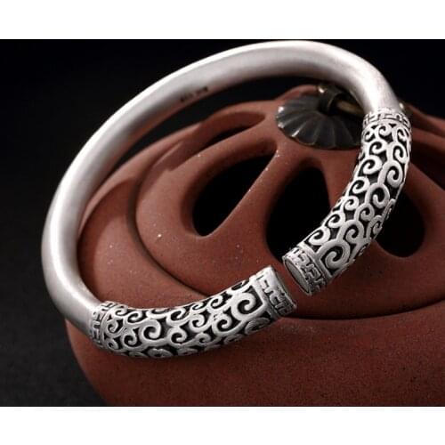 Solid 999 sterling Silver Carved auspicious clouds Vintage bracelet bangle cuff perfect gift For Women & girl Jewelry A2344