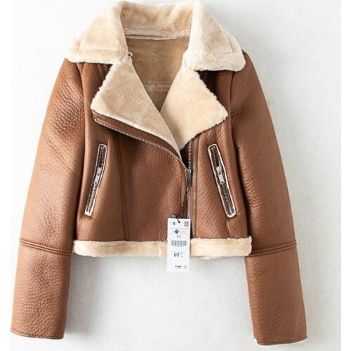 FTLZZ Winter Brown Faux Leather Jacket Faux Fur Warm Short Coat Biker Streetwear Leather Moto Jacket Faux Lamb Leather Jackets