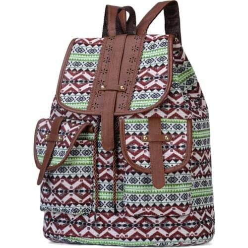 Vintage Print Canvas Ethnic Backpack for Women Girls School Drawstring Bohemia Travel Rucksack