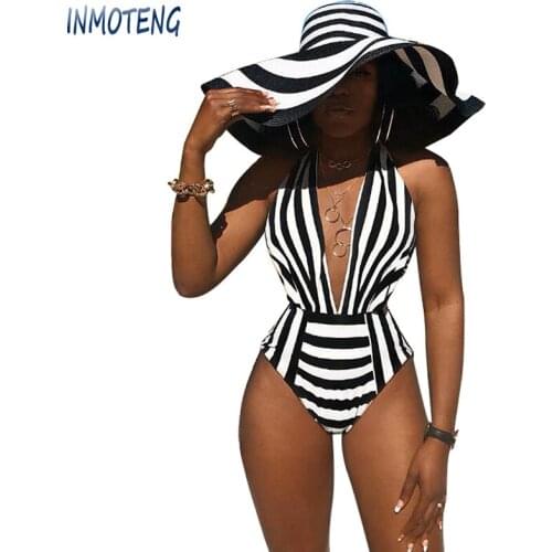 INMOTENG Women New Summer Striped Deep V-Neck Halter Sleevelesss Bodycon Skinny Sexy Bodysuit One Piece Beach High Waist Outfits