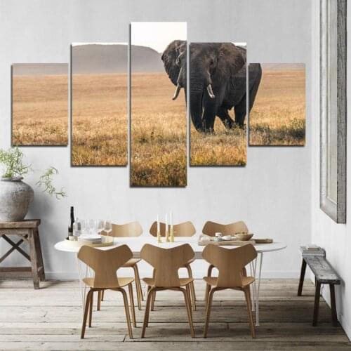 5 Panel Elephant On Yellow Lawn Poster Printing Picture Wall Art Modular Home Decoration Living Room Canvas Painting
