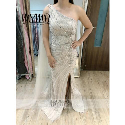Beautiful One Shoulder Engagement Dress MYMB Designer Exclusive Beading Prom Dress With Skirt Split MY21121