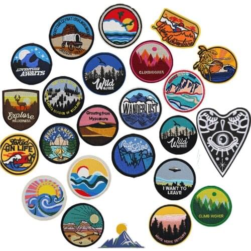 Round Landscape Scenery Painting Iron On Patches For Clothing Diy Embroidery Stripe Patches Rocket Applique Badges On Clothes