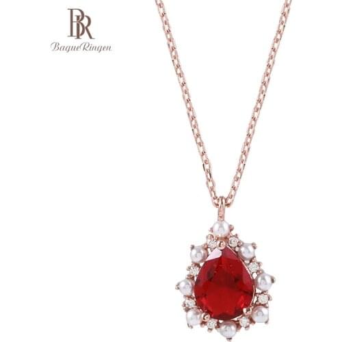 Bague Ringen Water Drop Shaped Ruby Pendant Necklace for Women Silver 925 Jewelry Gemstones Pearl Clavicle Chain Female Gifts